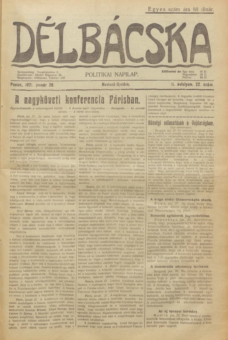 Délbácska, 2. évf. 1921. január 28. 22. sz.