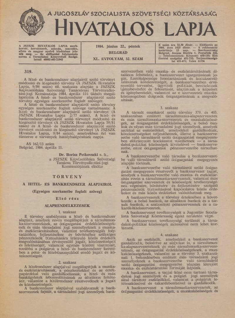 A Jugoszláv Szocialista Szövetségi Köztársaság Hivatalos Lapja, 40. évf. 1984. június 22. 32. sz. 840–878. oldal