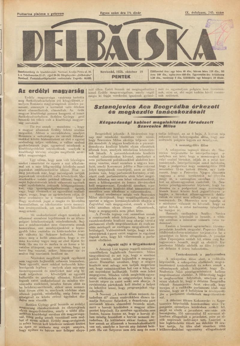 Délbácska, 9. évf. 1928. október 19. 245. sz.