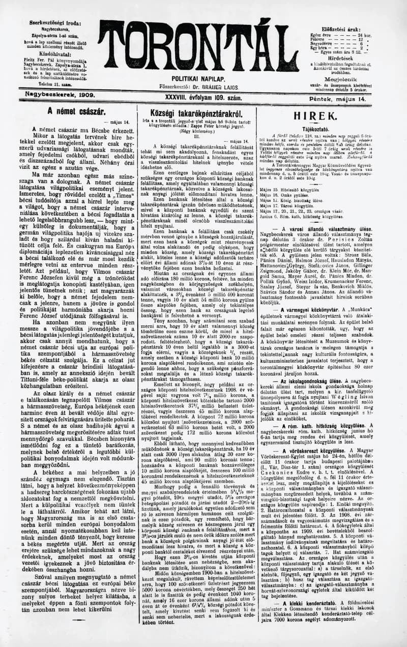 Torontál, 38. évf. 1909. május 14. 109. sz.