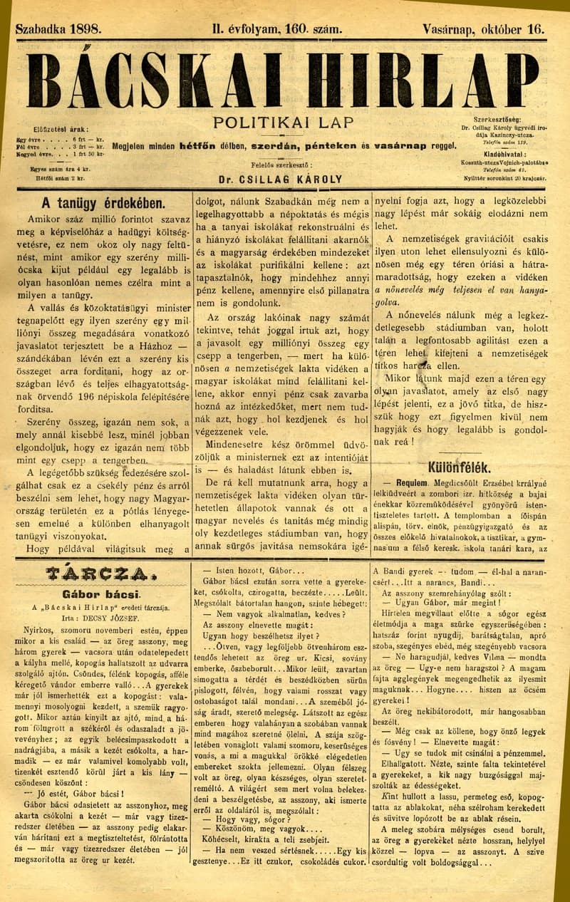 Bácskai Hirlap, 2. évf. 1898. október 16. 160. sz. 1–4. oldal