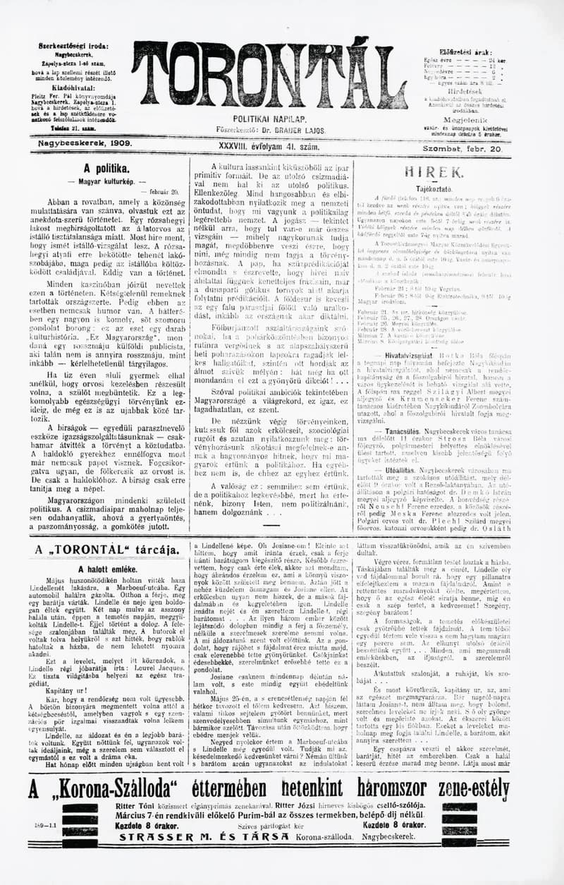Torontál, 38. évf. 1909. február 20. 41. sz.