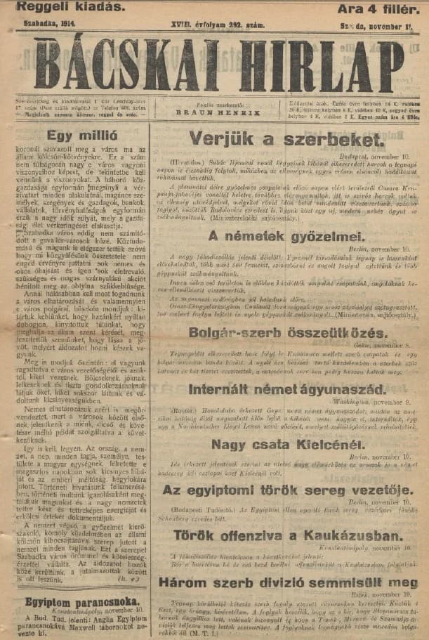 Bácskai Hirlap, 18. évf. 1914. november 11. 292. sz.