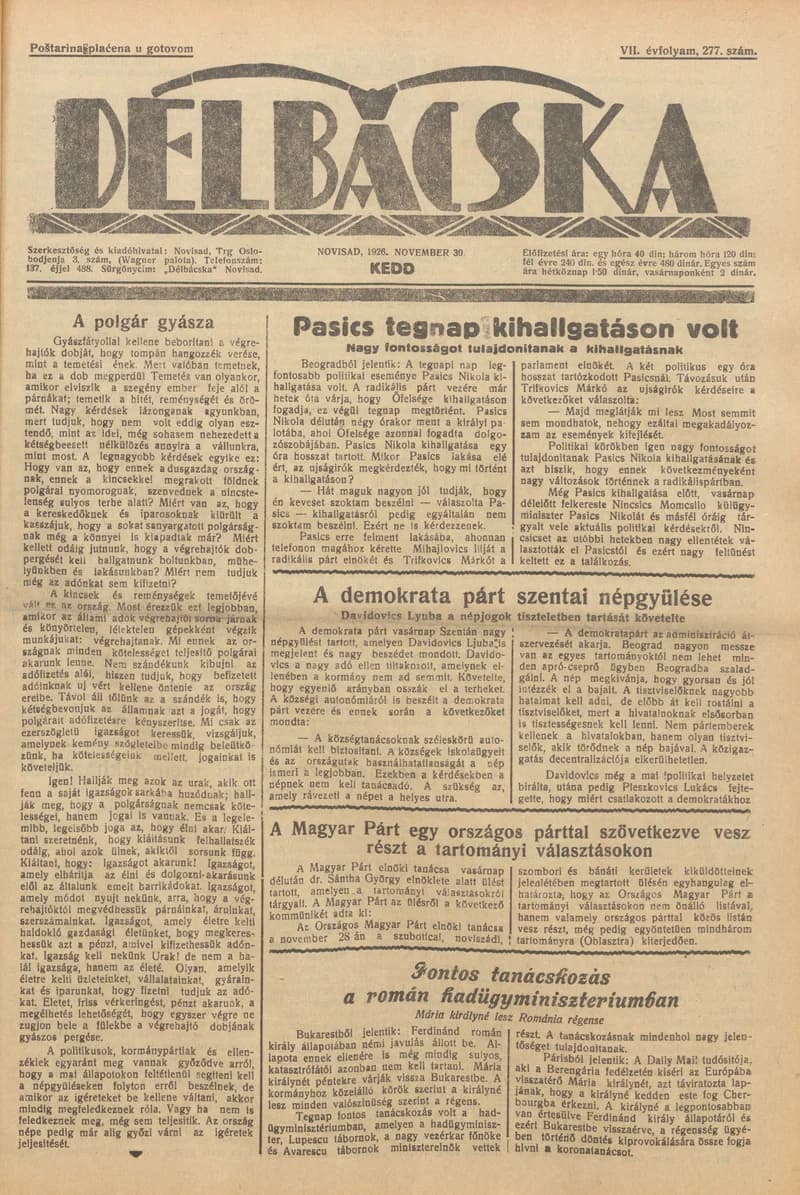 Délbácska, 7. évf. 1926. november 30. 277. sz.