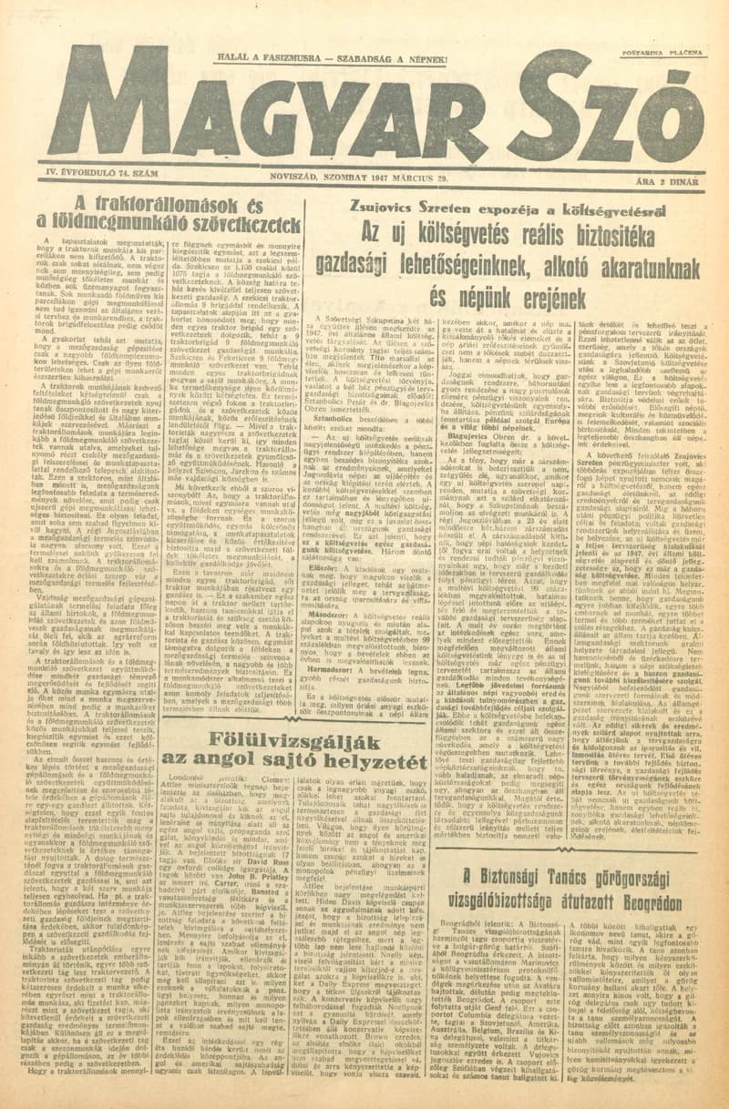 Magyar Szó, 4. évf. 1947. március 29. 74. sz. 1–6. oldal