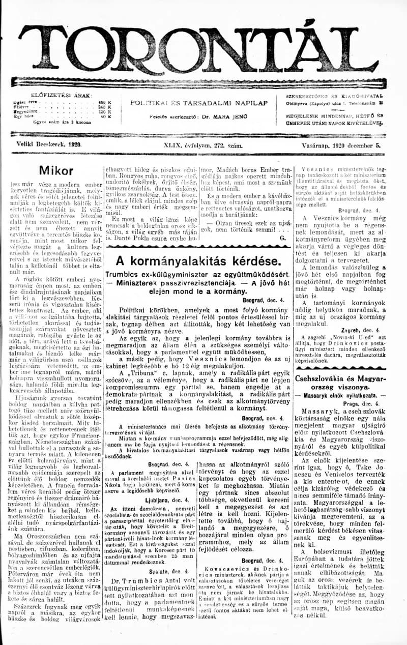 Torontál, 49. évf. 1920. december 5. 272. sz.