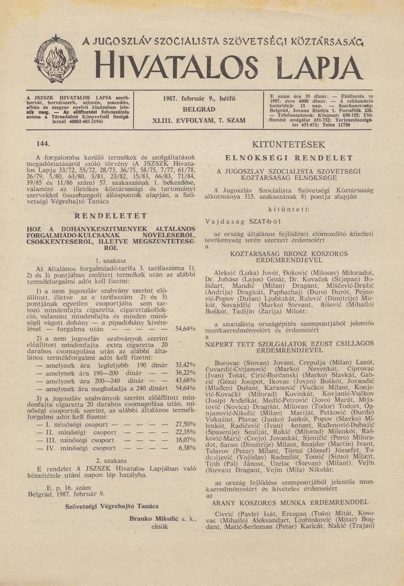 A Jugoszláv Szocialista Szövetségi Köztársaság Hivatalos Lapja, 43. évf. 1987. február 9. 7. sz. 221–224. oldal