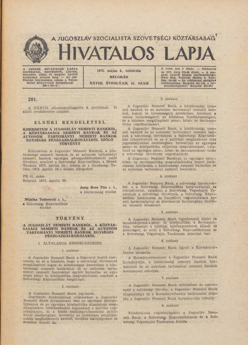 A Jugoszláv Szocialista Szövetségi Köztársaság Hivatalos Lapja, 28. évf. 1972. május 4. 23. sz. 429–456. oldal