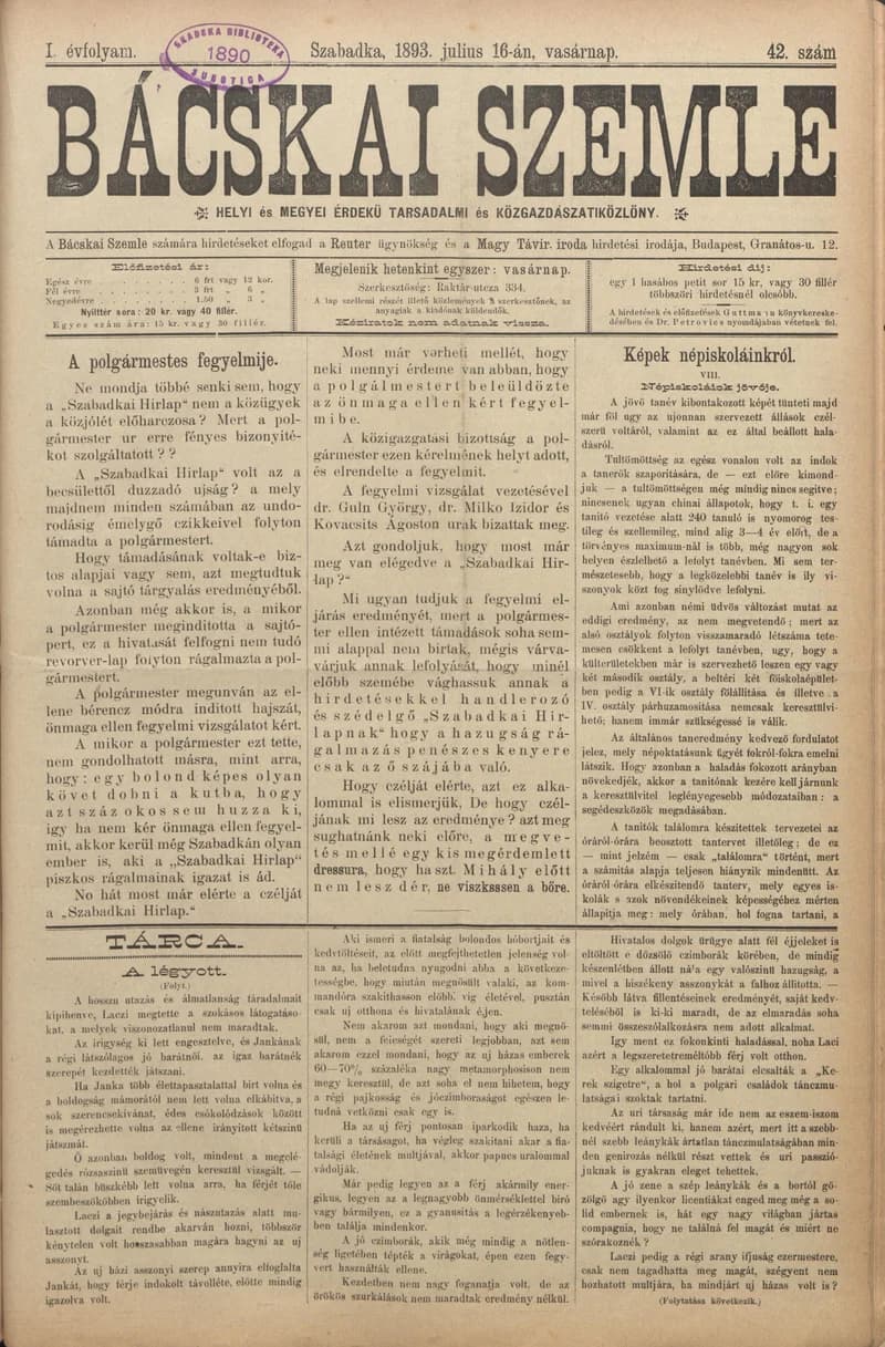 Bácskai Szemle, 1. évf. 1893. július 16. 42. sz.