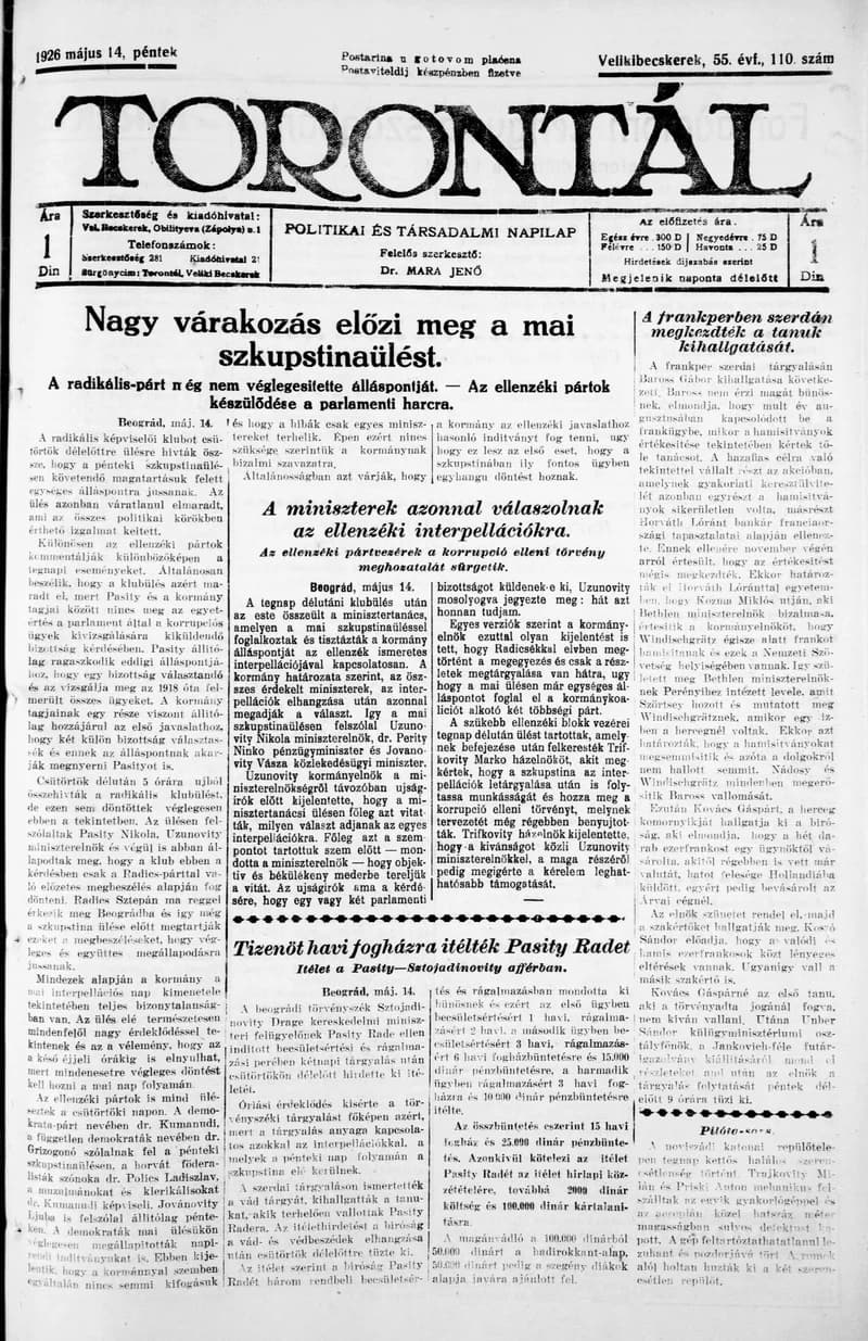 Torontál, 55. évf. 1926. május 14. 110. sz.