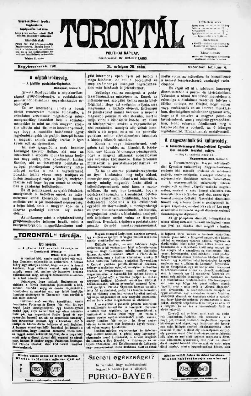 Torontál, 40. évf. 1911. február 4. 28. sz.