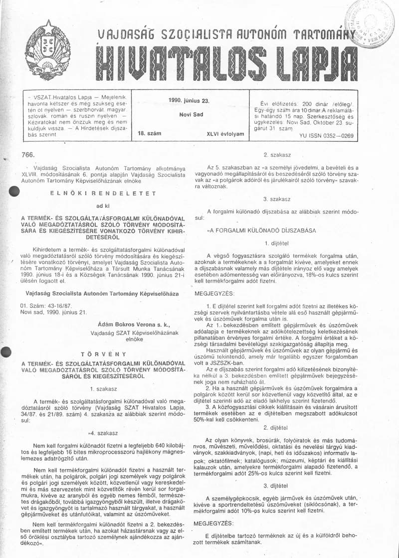 Vajdaság Szocialista Autonóm Tartomány Hivatalos Lapja, 46. évf. 1990. június 23. 18. sz.
