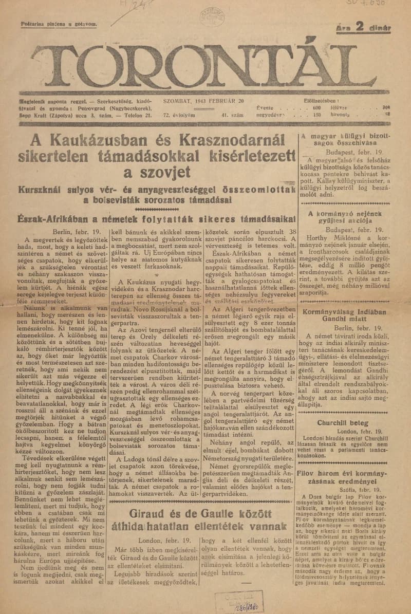 Torontál, 72. évf. 1943. február 20. 41. sz.