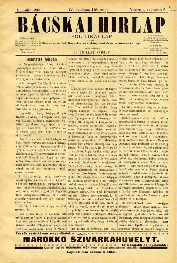Bácskai Hirlap, 4. évf. 1900. augusztus 5. 116. sz.