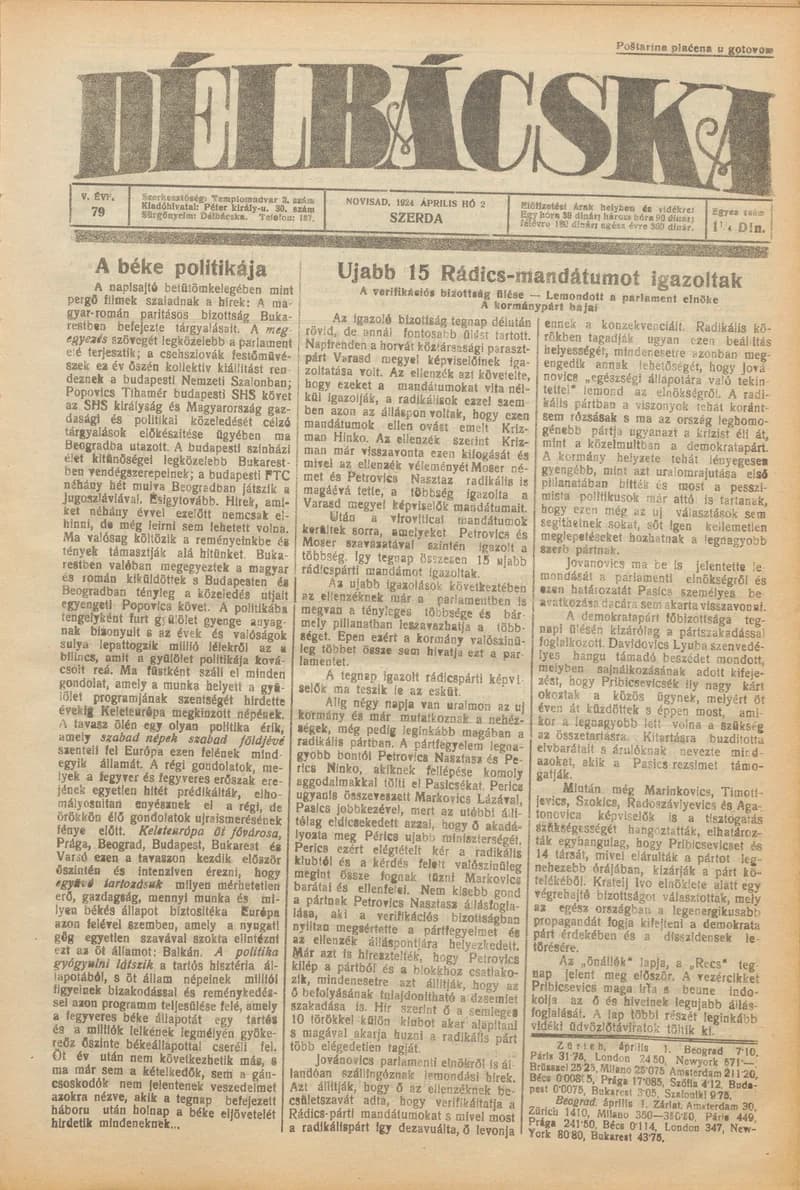 Délbácska, 5. évf. 1924. április 2. 79. sz.
