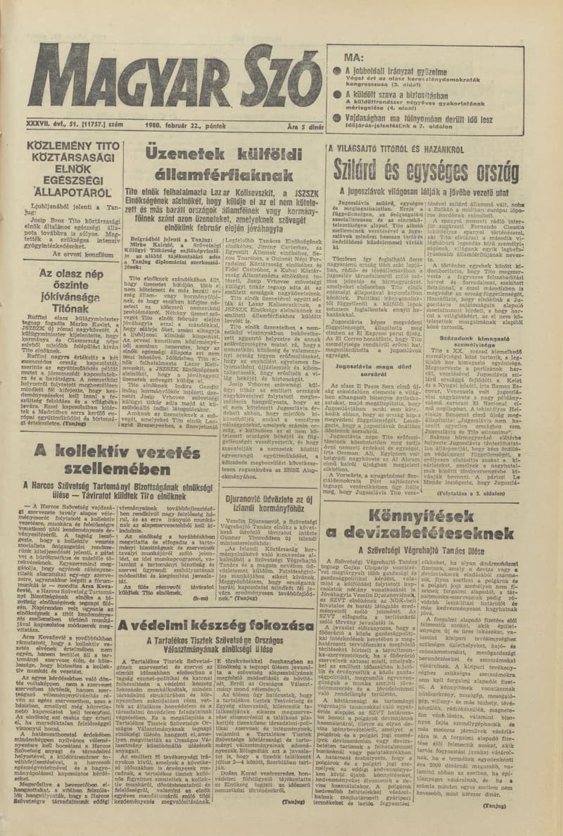 Magyar Szó, 37. évf. 1980. február 22. 51. sz. 1–20. oldal