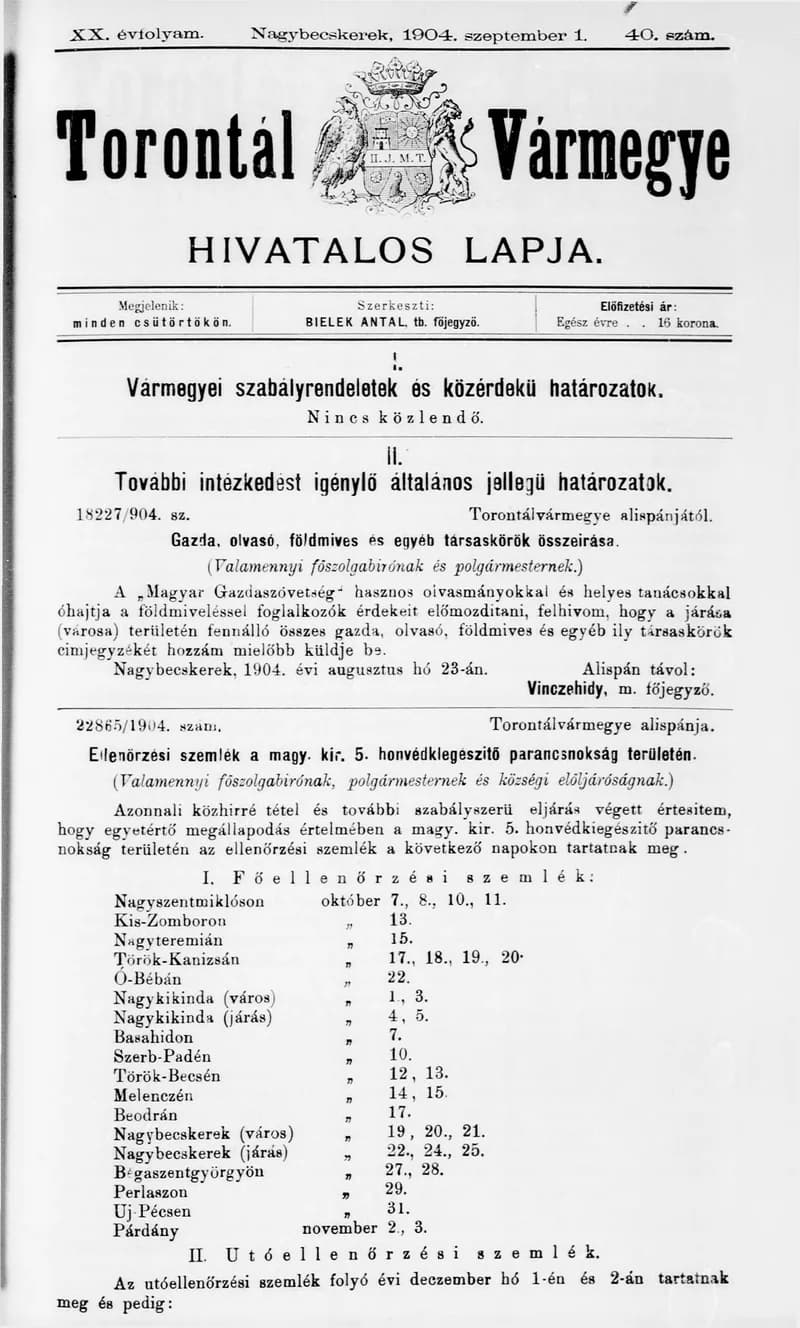Torontál Vármegye Hivatalos Lapja, 20. évf. 1904. szeptember 1. 40. sz.