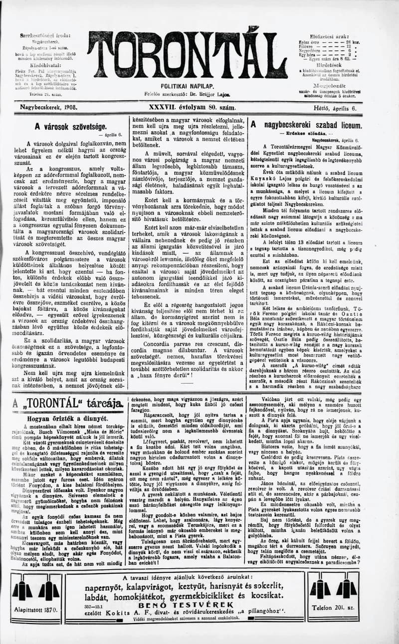 Torontál, 37. évf. 1908. április 6. 80. sz.