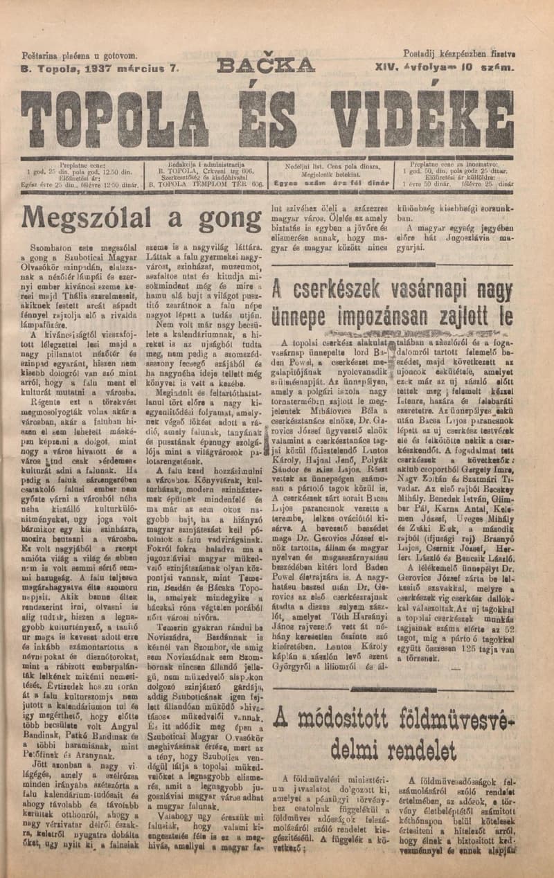 Bačka Topola és Vidéke, 14. évf. 1937. március 7. 10. sz.