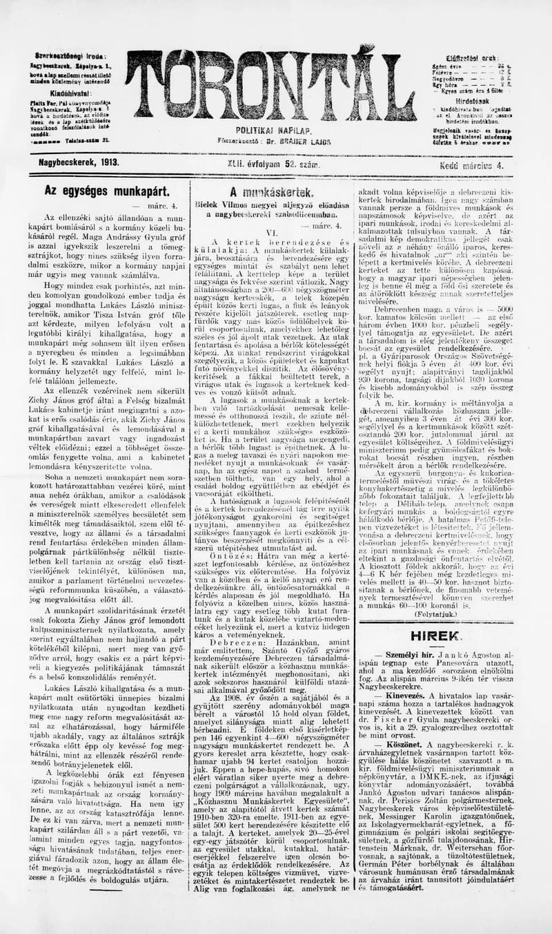 Torontál, 42. évf. 1913. március 4. 52. sz.