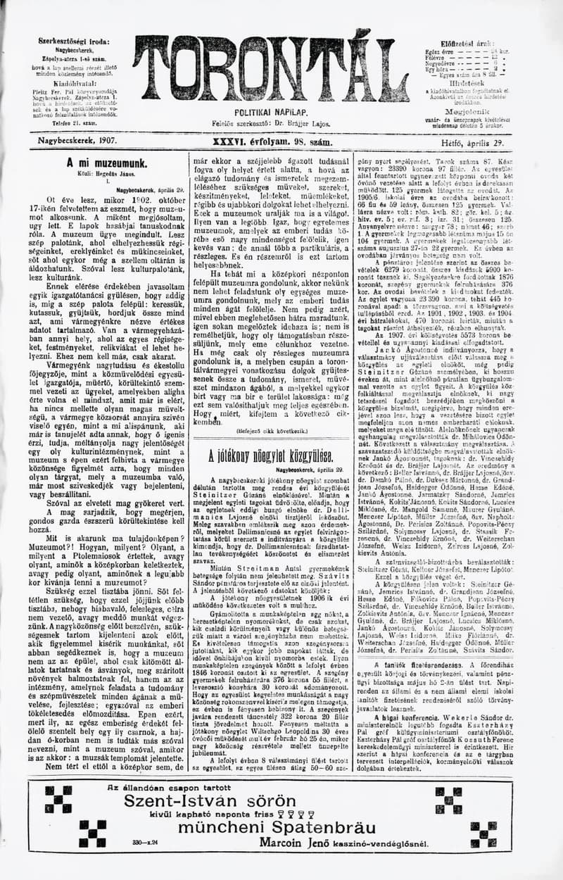 Torontál, 36. évf. 1907. április 29. 98. sz.