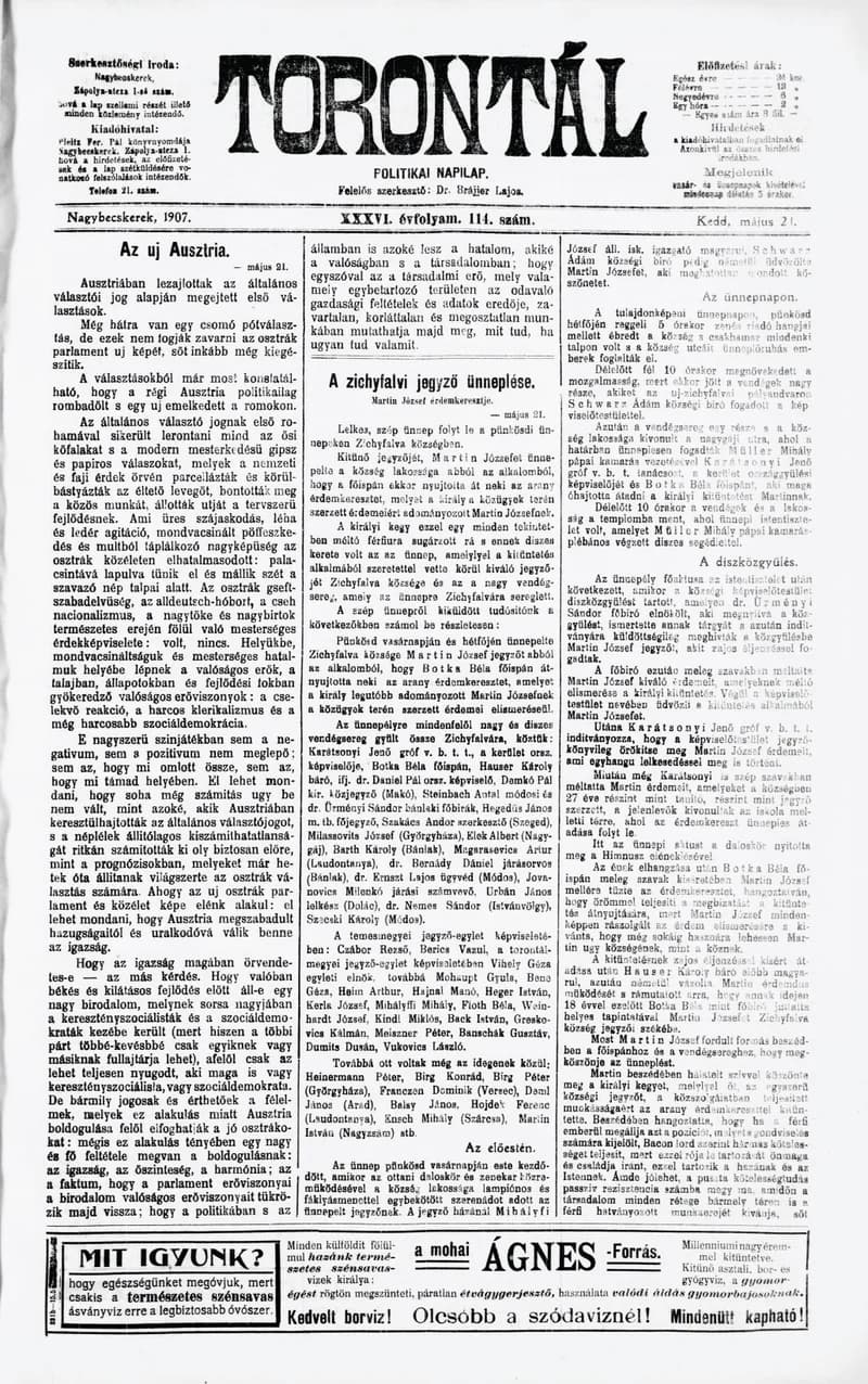 Torontál, 36. évf. 1907. május 21. 114. sz.