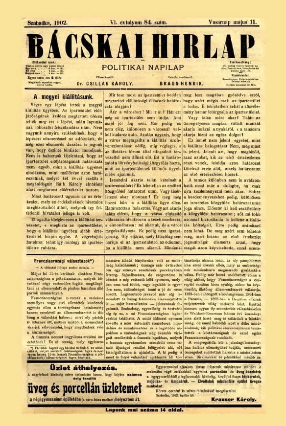 Bácskai Hirlap, 6. évf. 1902. május 11. 84. sz.