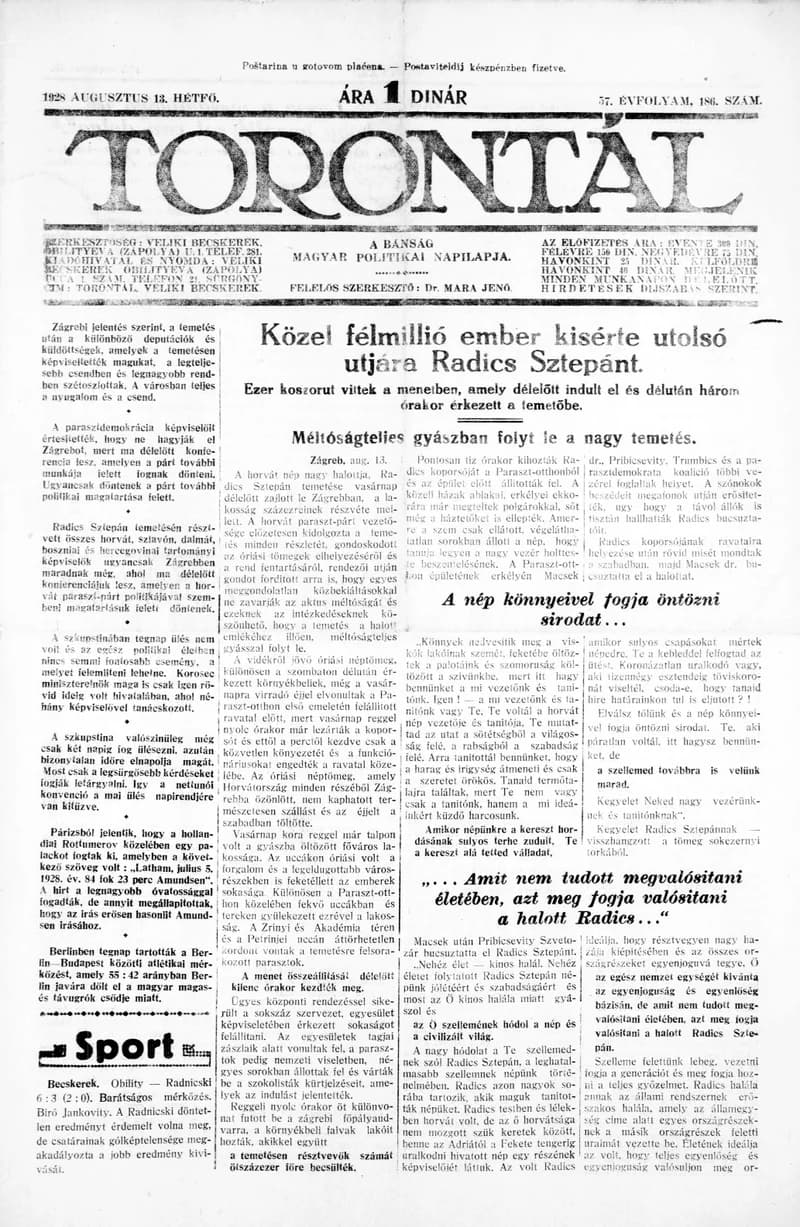 Torontál, 57. évf. 1928. augusztus 13. 186. sz.