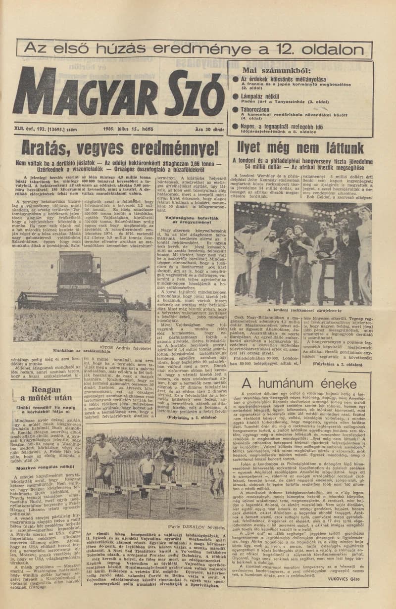 Magyar Szó, 42. évf. 1985. július 15. 192. sz. 1–16. oldal