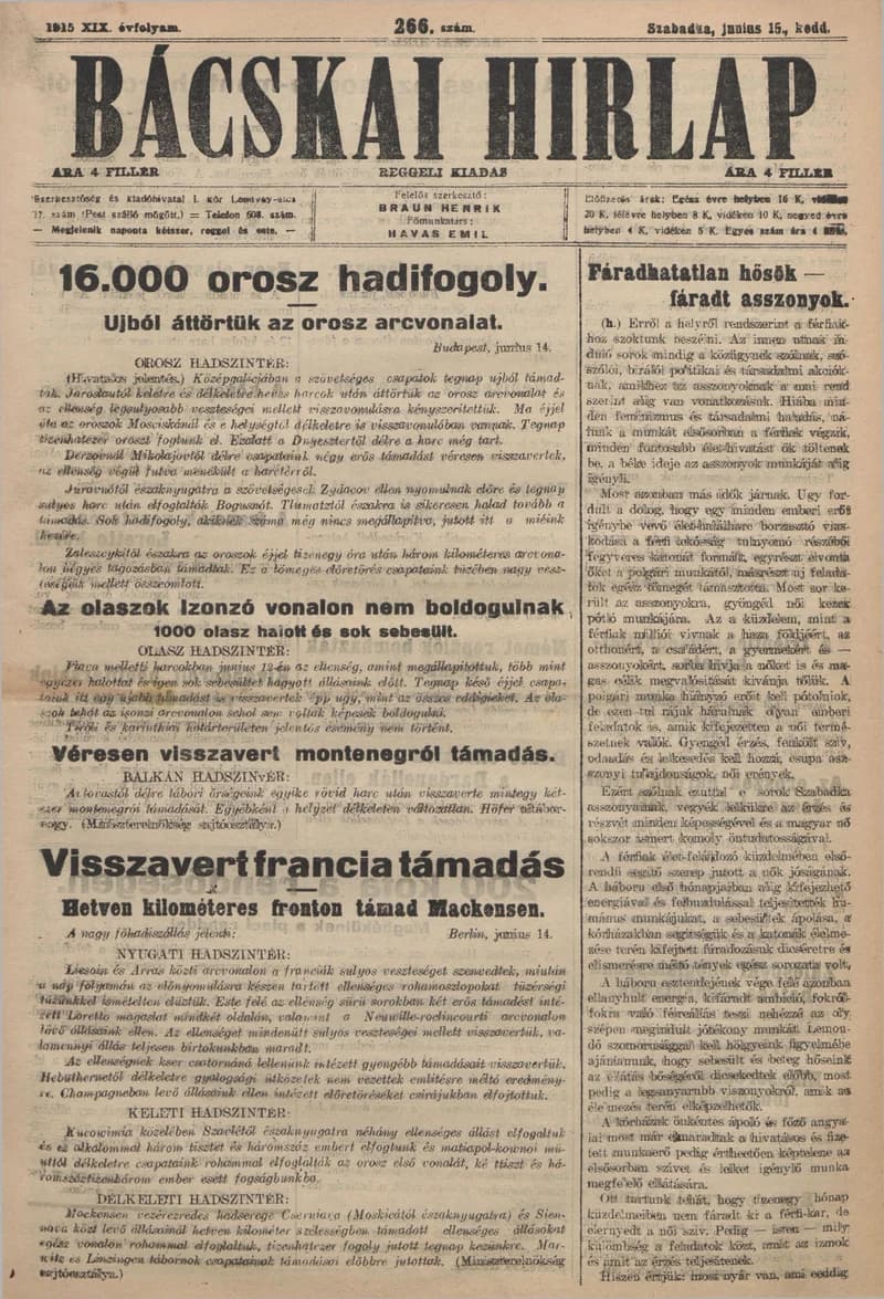 Bácskai Hirlap, 19. évf. 1915. június 15. 266. sz.
