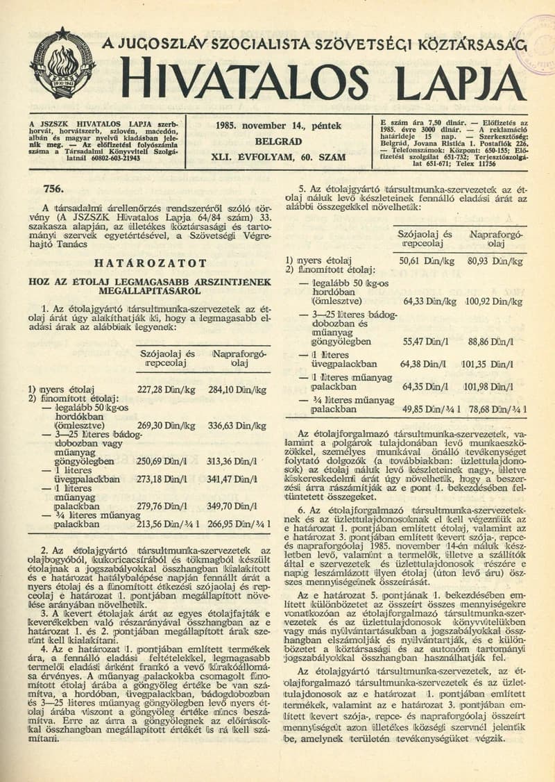 A Jugoszláv Szocialista Szövetségi Köztársaság Hivatalos Lapja, 41. évf. 1985. november 14. 60. sz. 1589–1592. oldal