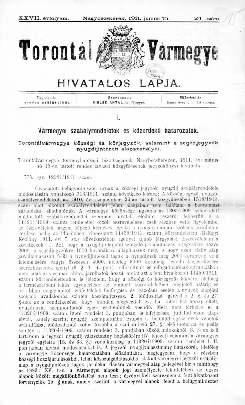 Torontál Vármegye Hivatalos Lapja, 27. évf. 1911. június 15. 24. sz.