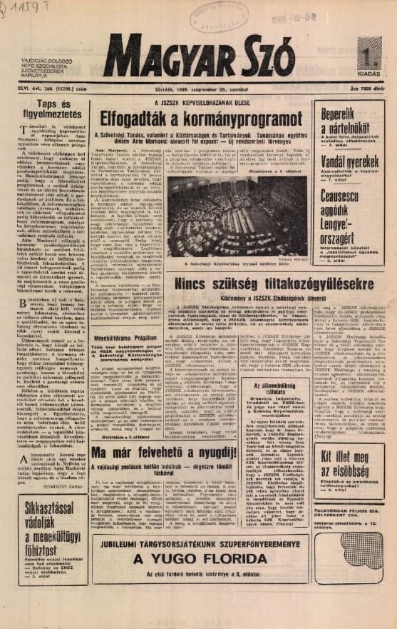 Magyar Szó, 46. évf. 1989. szeptember 30. 268. sz. 1–28. oldal