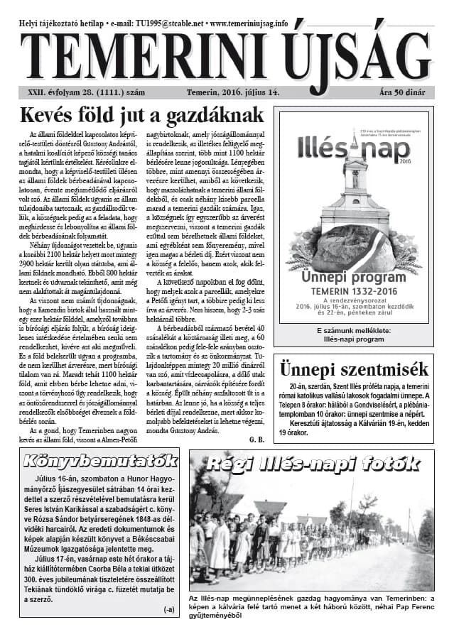 Temerini Újság, 22. évf. 2016. július 14. 28. sz.