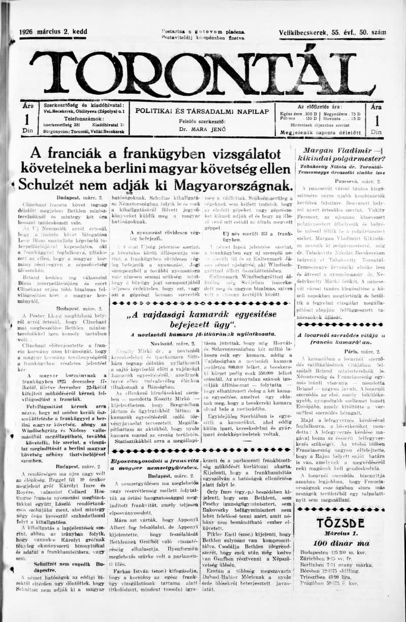Torontál, 55. évf. 1926. március 2. 50. sz.