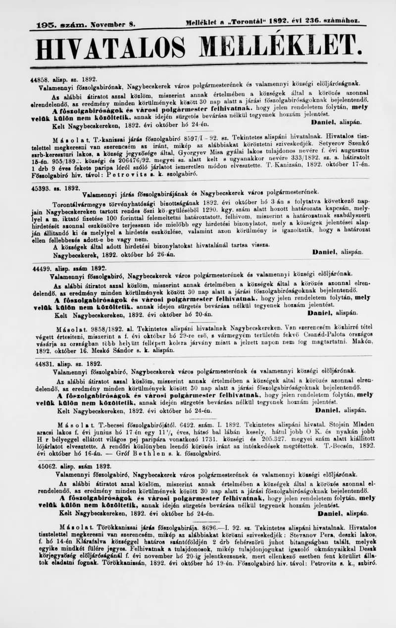 A Totontál  hivatalos melléklete, 5. évf. 1892. november 8. 195. sz.