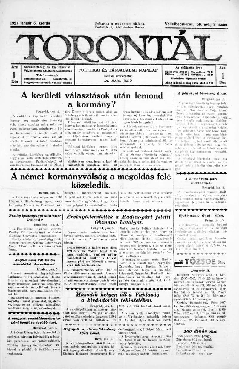 Torontál, 56. évf. 1927. január 5. 3. sz.