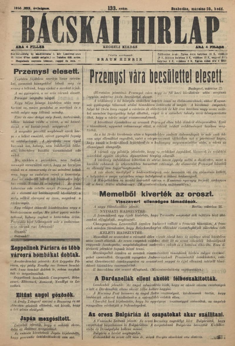 Bácskai Hirlap, 19. évf. 1915. március 23. 133. sz.