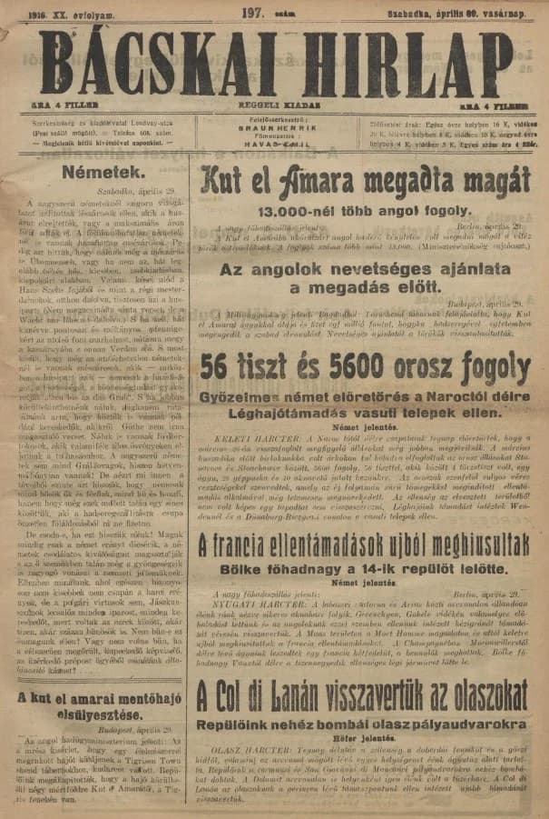 Bácskai Hirlap, 20. évf. 1916. április 30. 196. sz.