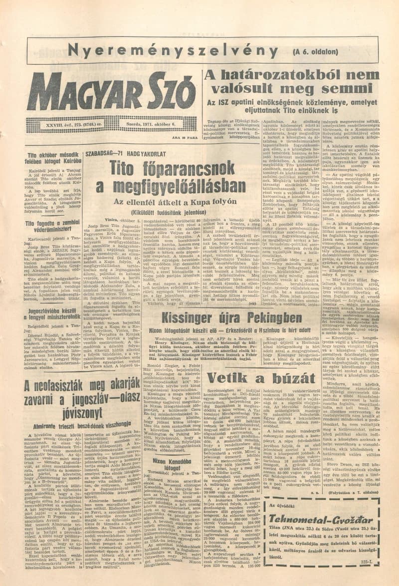 Magyar Szó, 28. évf. 1971. október 6. 275. sz. 1–16. oldal