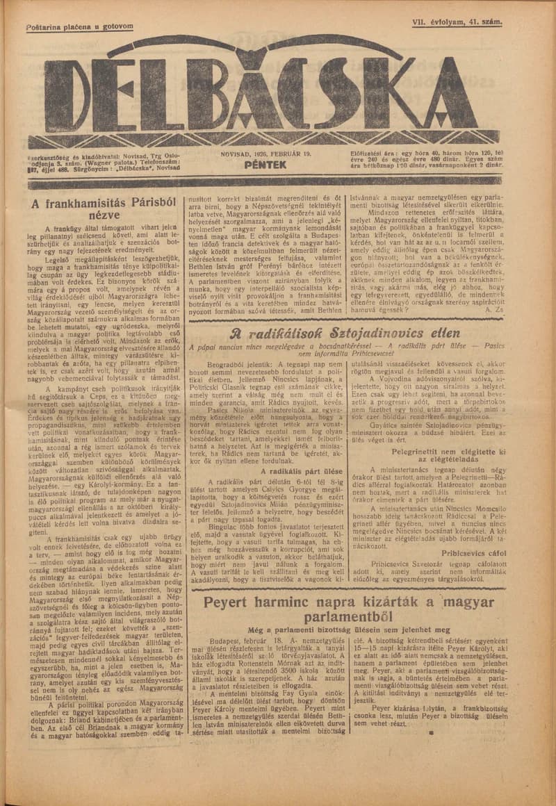 Délbácska, 7. évf. 1926. február 19. 41. sz.