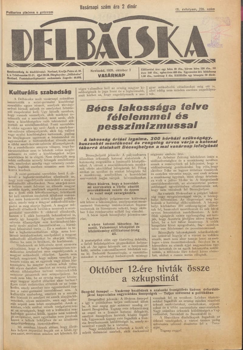 Délbácska, 9. évf. 1928. október 7. 235. sz.