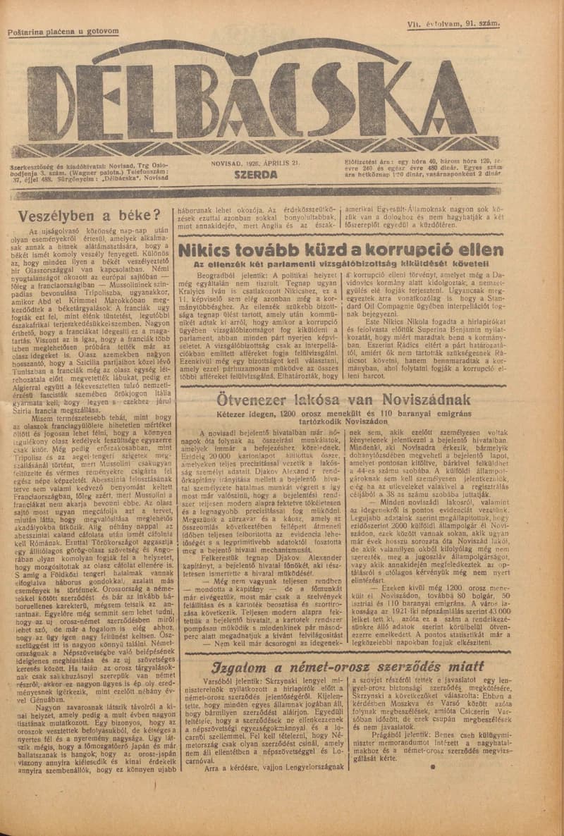 Délbácska, 7. évf. 1926. április 21. 91. sz.