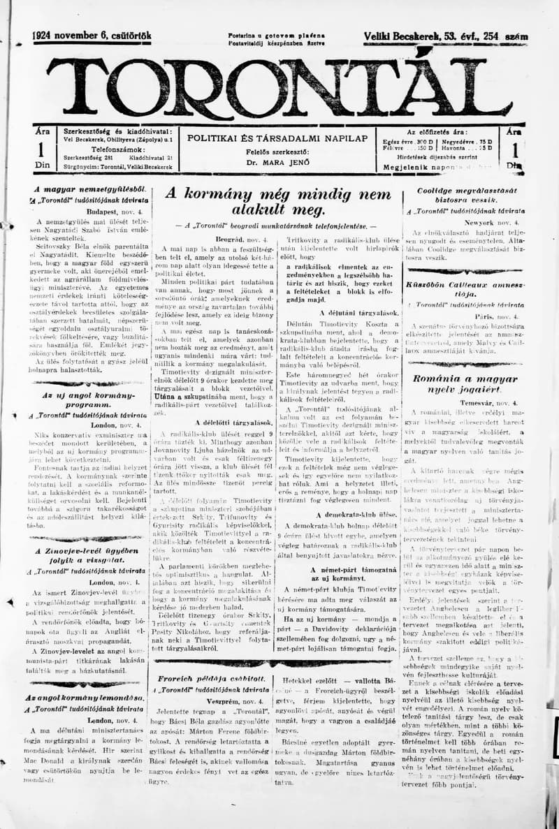 Torontál, 53. évf. 1924. november 6. 254. sz.