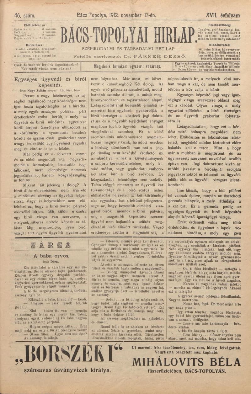Bács-Topolyai Hirlap, 17. évf. 1912. november 17. 46. sz.