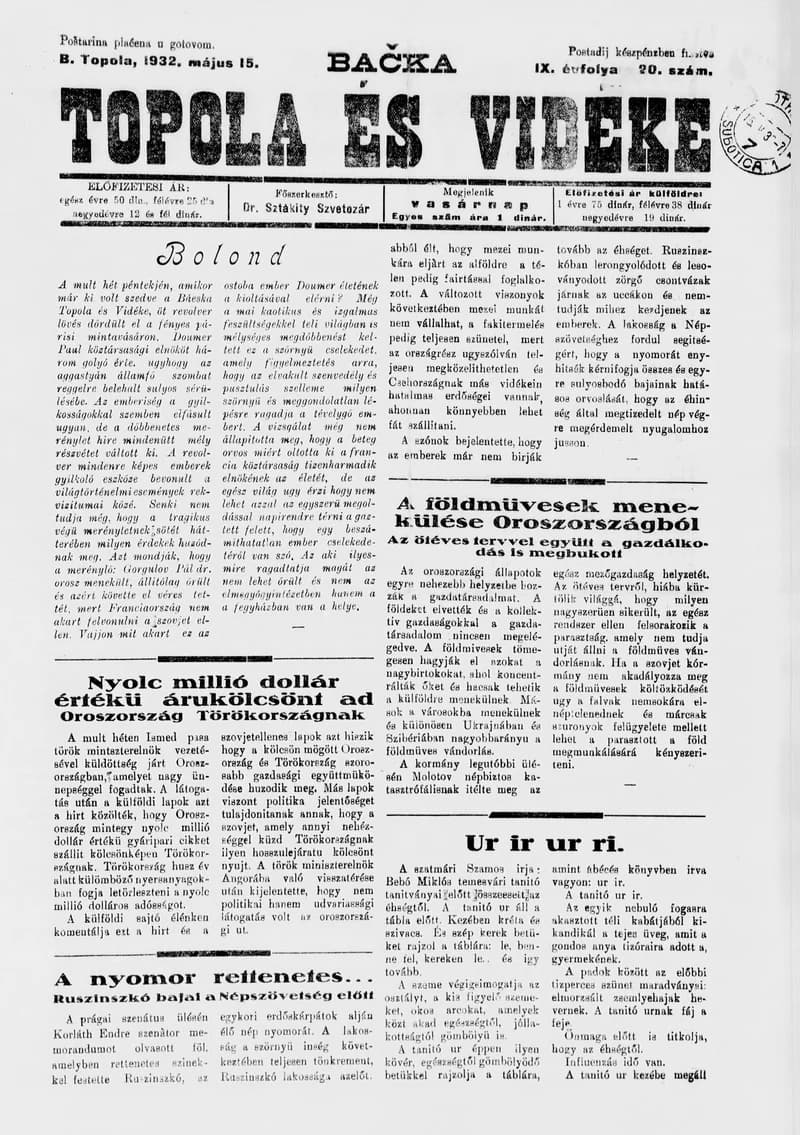 Bačka Topola és Vidéke, 9. évf. 1932. május 15. 20. sz.