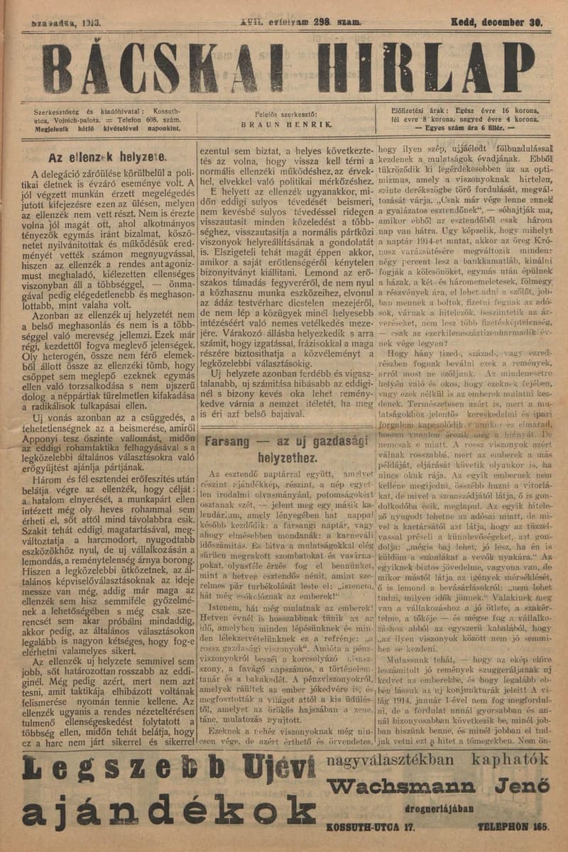 Bácskai Hirlap, 17. évf. 1913. december 30. 298. sz.