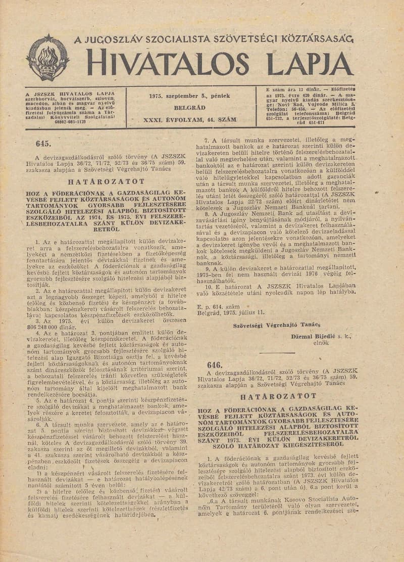 A Jugoszláv Szocialista Szövetségi Köztársaság Hivatalos Lapja, 31. évf. 1975. szeptember 5. 44. sz. 1217–1236. oldal