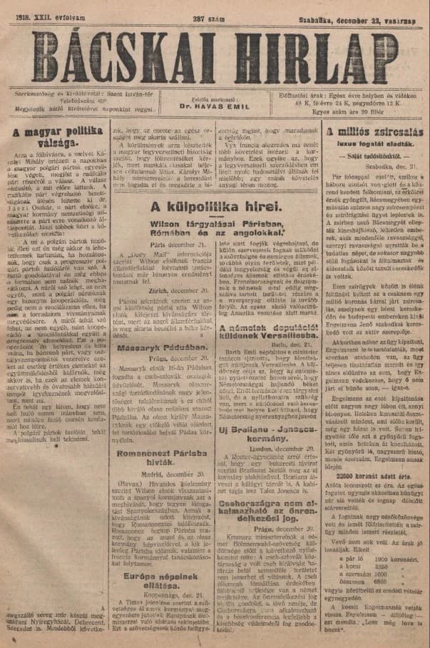 Bácskai Hirlap, 22. évf. 1918. december 22. 287. sz.