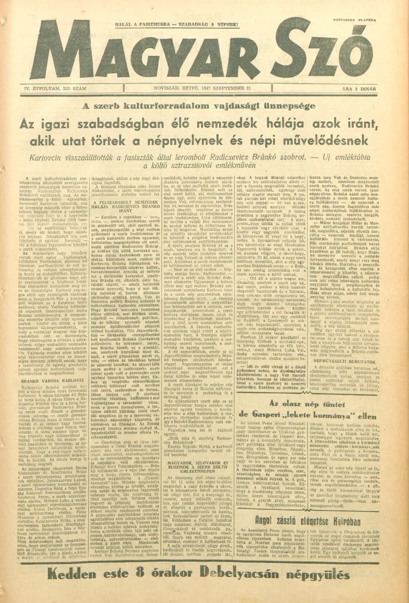 Magyar Szó, 4. évf. 1947. szeptember 21. 233. sz.